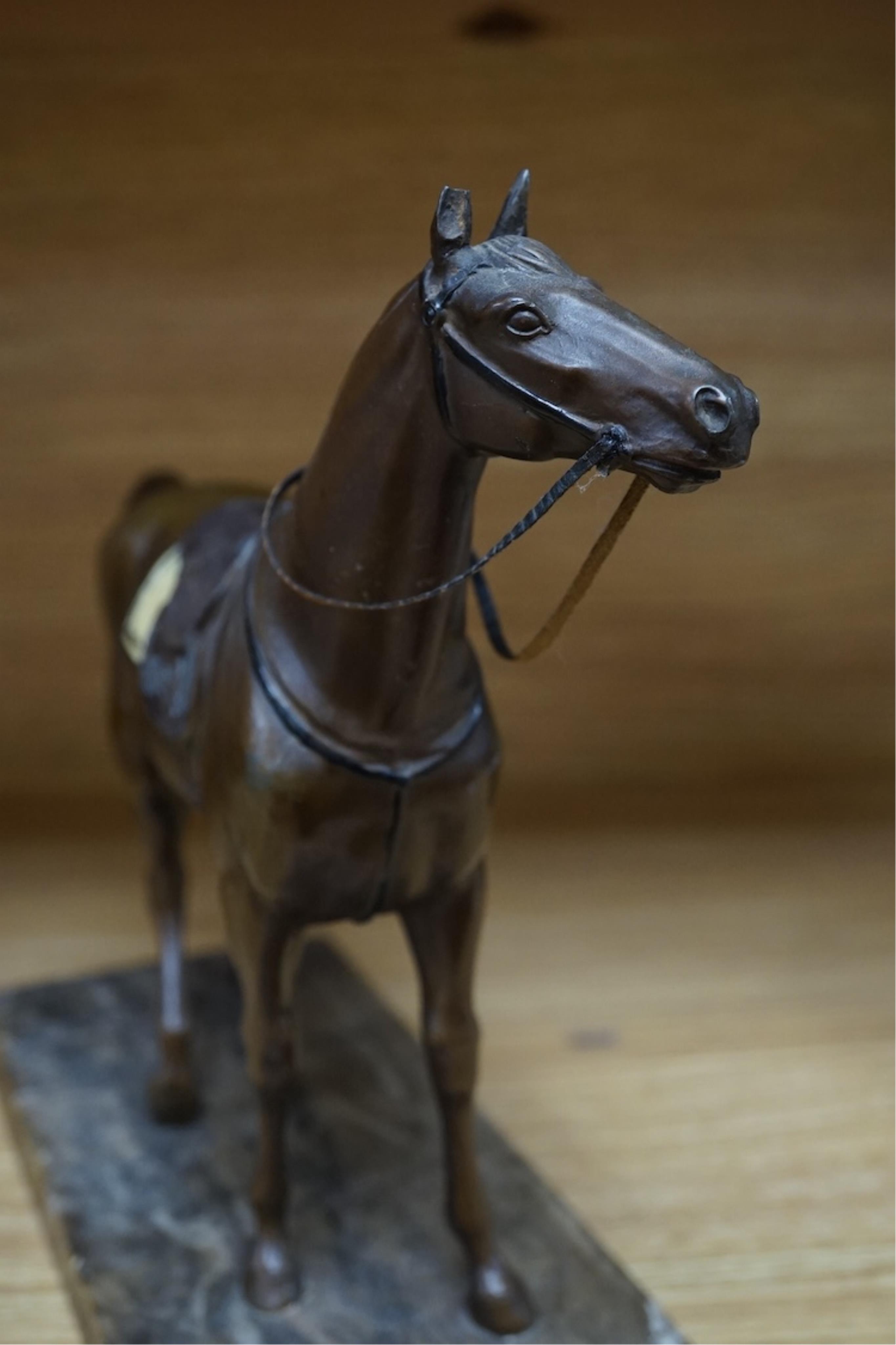 A bronzed spelter sculpture of a horse on a marble plinth, 24cm tall